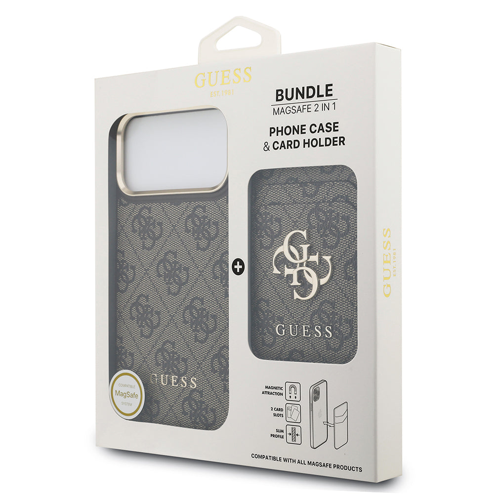 Apple iPhone 17 Pro Max Kılıf Guess Orjinal Lisanslı M-safe Şarj Özellikli 4G Metal Büyük Logolu Kartlıklı Kapak Kahverengi