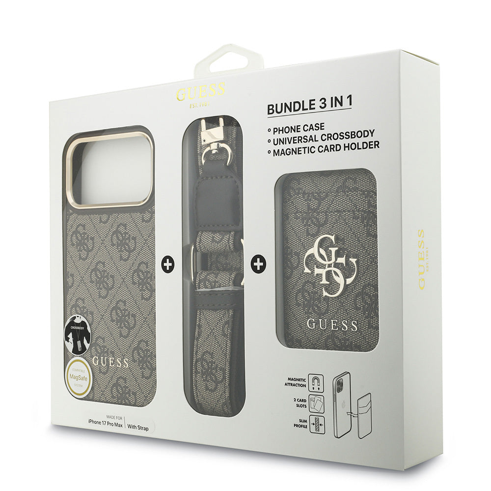 Apple iPhone 17 Pro Max Kılıf Guess Orjinal Lisanslı M-safe Şarj Özellikli Askılı ve 4G Logo Kartlıklı Kapak Kahverengi