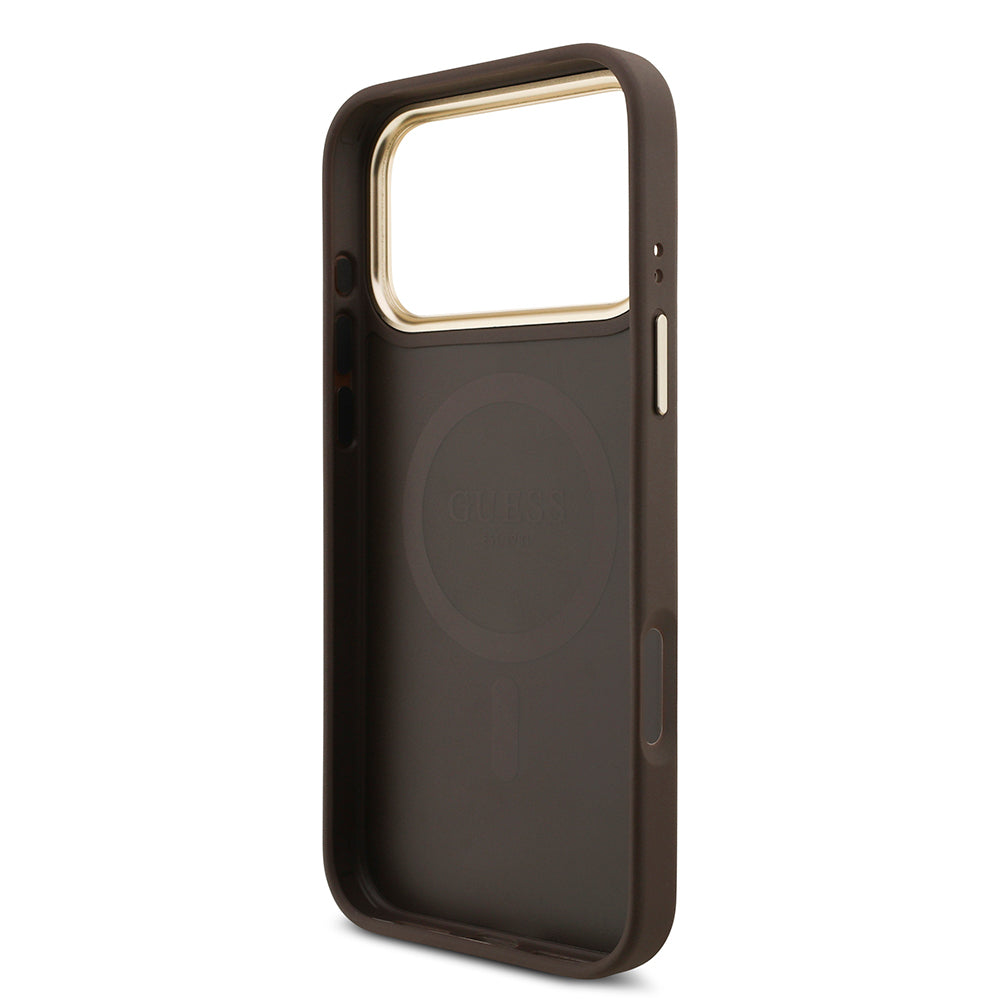 Apple iPhone 17 Pro Max Kılıf Guess Orjinal Lisanslı M-safe Şarj Özellikli Askılı ve 4G Logo Kartlıklı Kapak Kahverengi