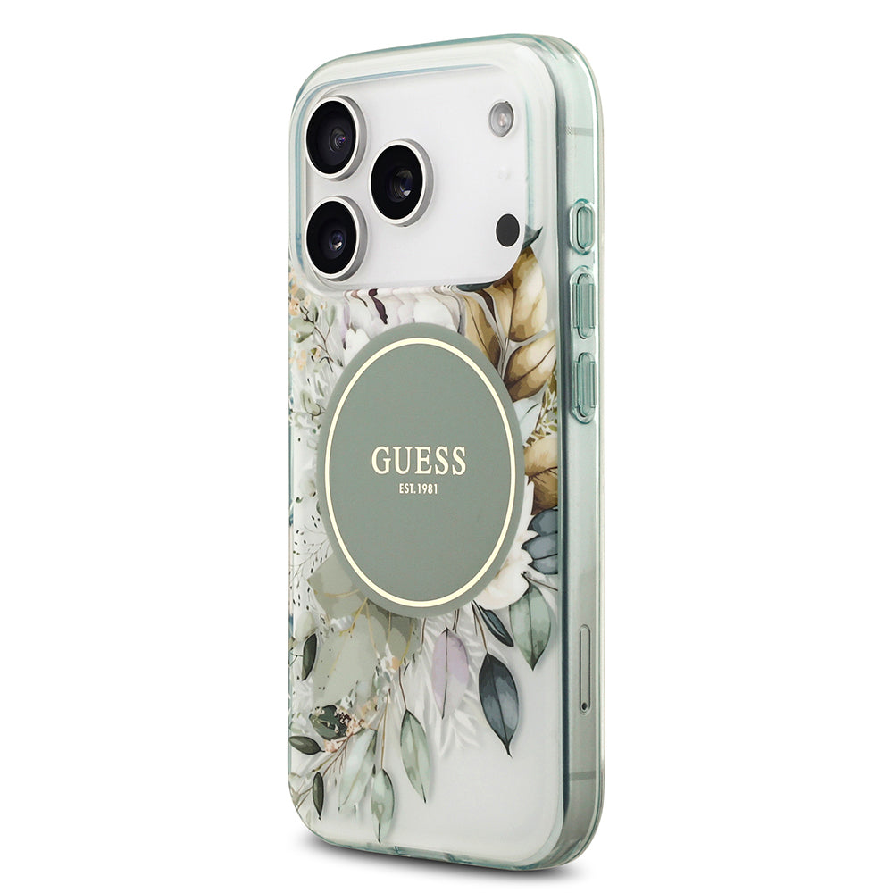 Apple iPhone 17 Pro Max Kılıf Guess Orjinal Lisanslı M-safe Şarj Özellikli Flower Tonal Circle Kapak Yeşil