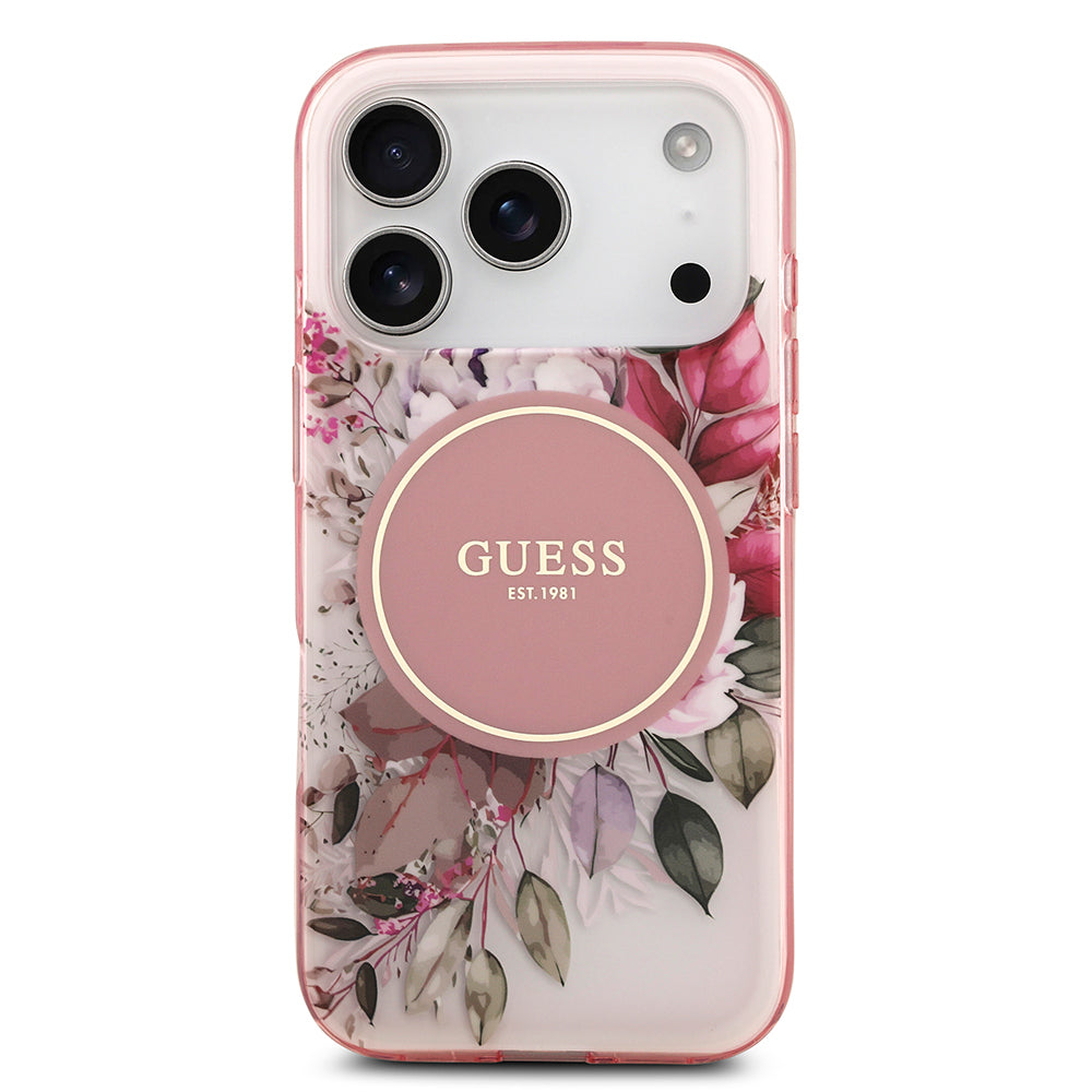 Apple iPhone 17 Pro Max Kılıf Guess Orjinal Lisanslı M-safe Şarj Özellikli Flower Tonal Circle Kapak Pembe