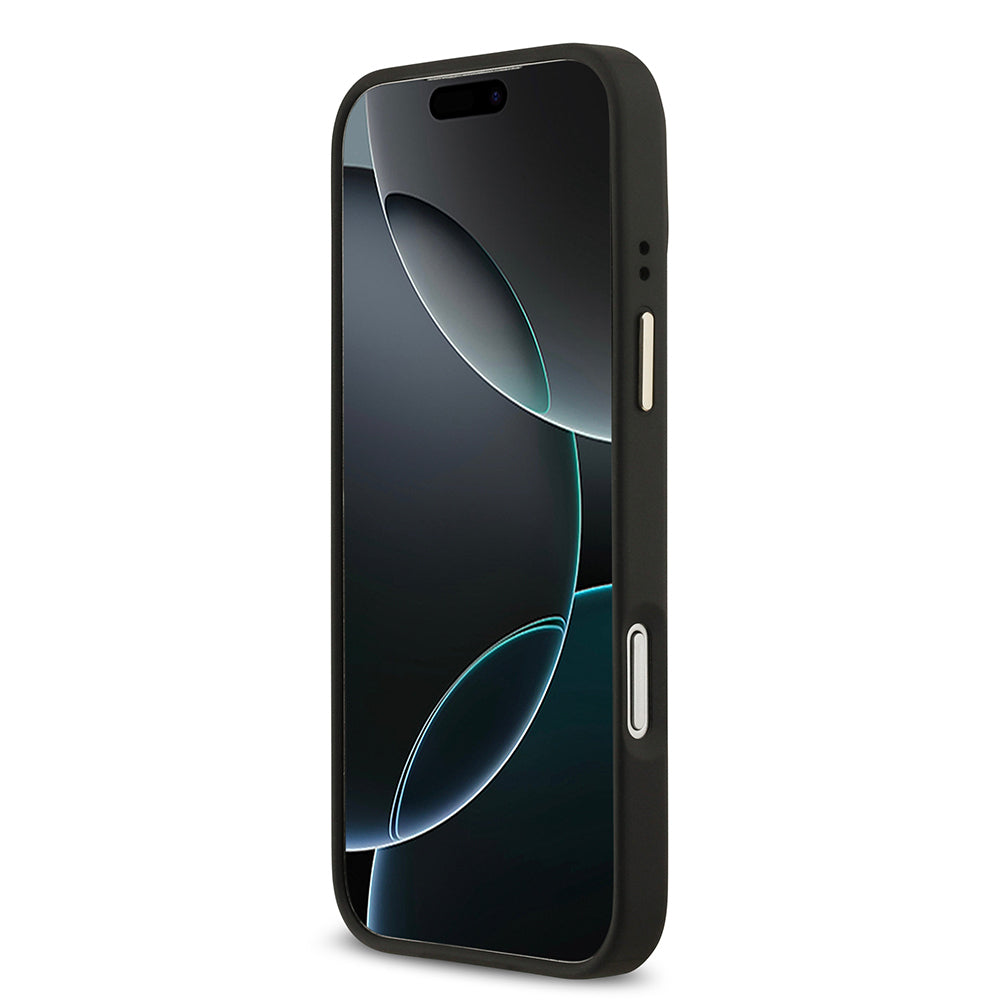 Apple iPhone 17 Pro Max Kılıf Guess Orjinal Lisanslı M-safe Şarj Özellikli Gold Metal Kamera Çerçeveli PU Deri 4G Desenli Yazı Logolu Kapak Pembe