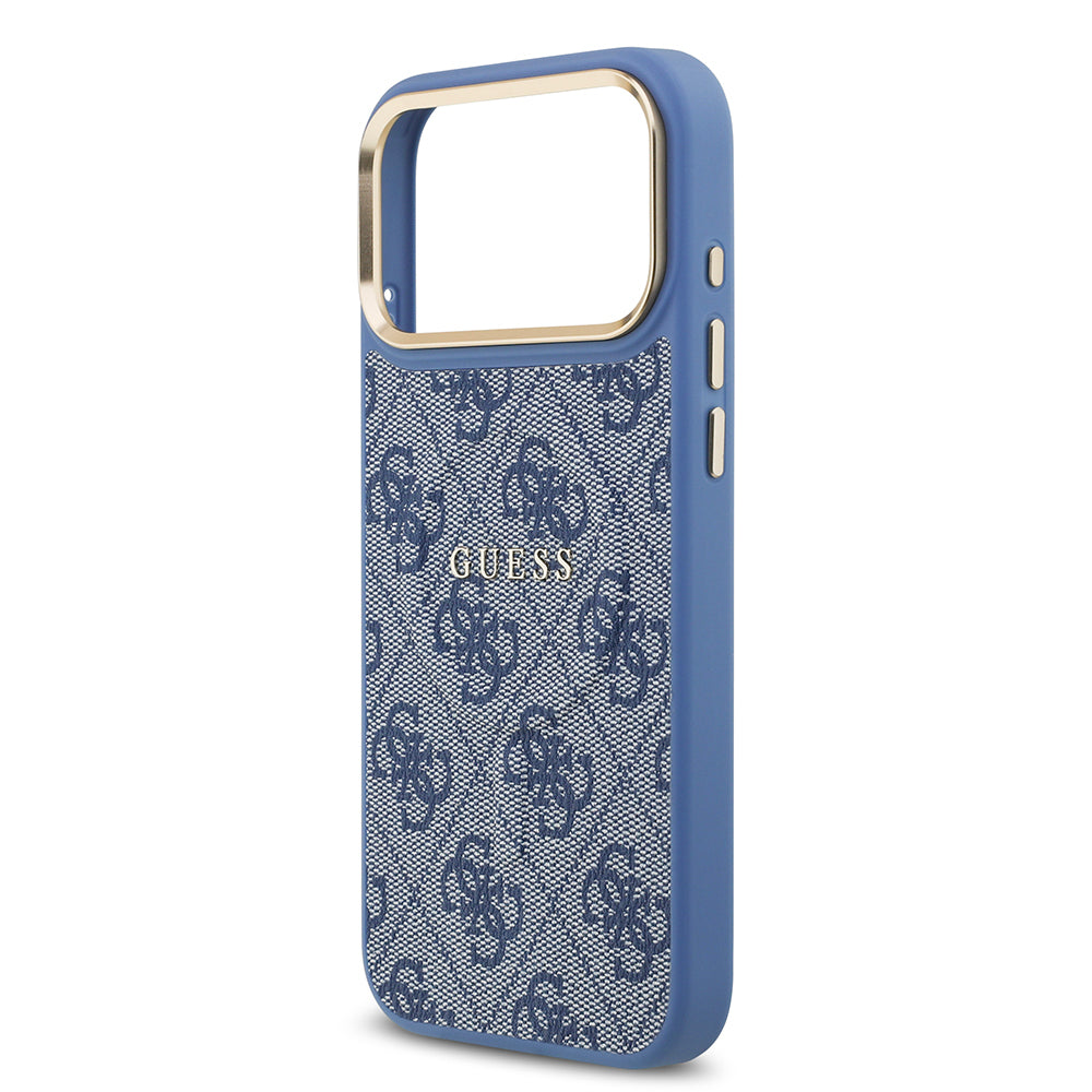 Apple iPhone 17 Pro Max Kılıf Guess Orjinal Lisanslı M-safe Şarj Özellikli Gold Metal Kamera Çerçeveli PU Deri 4G Desenli Yazı Logolu Kapak Mavi