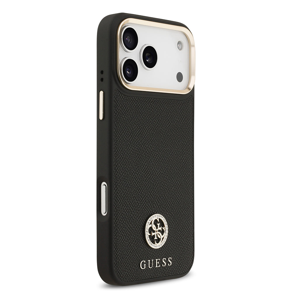 Apple iPhone 17 Pro Max Kılıf Guess Orjinal Lisanslı M-safe Şarj Özellikli Grained Yazı ve Taşlı 4G Logolu Kapak Siyah