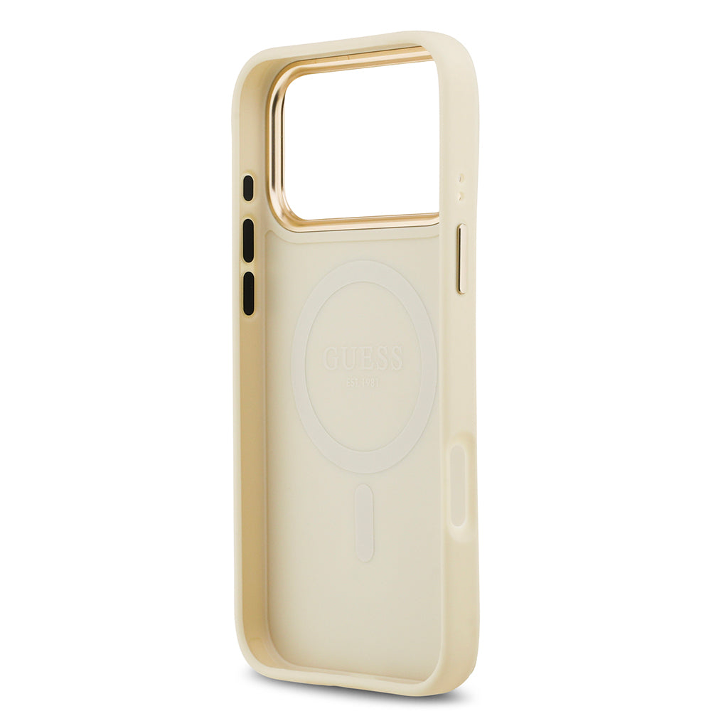 Apple iPhone 17 Pro Max Kılıf Guess Orjinal Lisanslı M-safe Şarj Özellikli Grained Yazı ve Taşlı 4G Logolu Kapak Bej