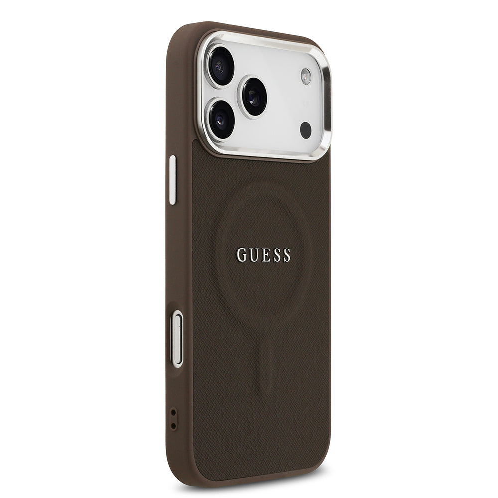 Apple iPhone 17 Pro Max Kılıf Guess Orjinal Lisanslı M-safe Şarj Özellikli Klasik Yazı Logolu PU Deri Kapak Siyah