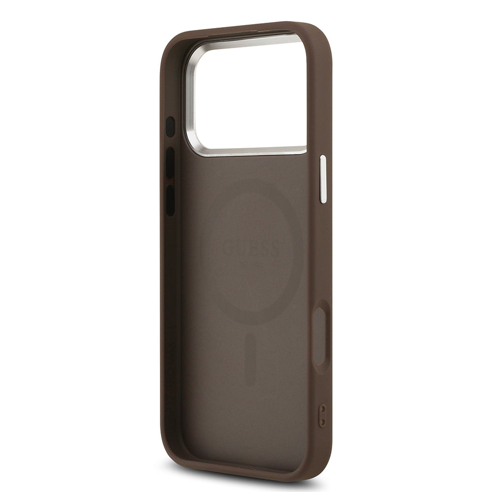 Apple iPhone 17 Pro Max Kılıf Guess Orjinal Lisanslı M-safe Şarj Özellikli Klasik Yazı Logolu PU Deri Kapak Kahverengi