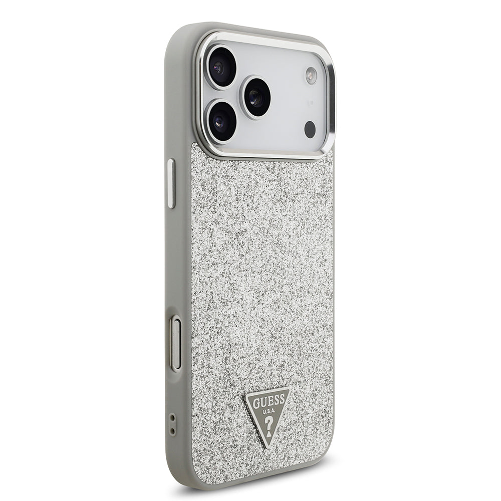 Apple iPhone 17 Pro Max Kılıf Guess Orjinal Lisanslı M-safe Şarj Özellikli Metal Kamera Çerçeveli Üçgen Logolu Glitter Kapak Gri