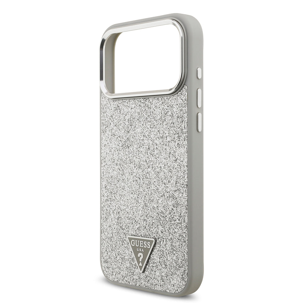 Apple iPhone 17 Pro Max Kılıf Guess Orjinal Lisanslı M-safe Şarj Özellikli Metal Kamera Çerçeveli Üçgen Logolu Glitter Kapak Gri
