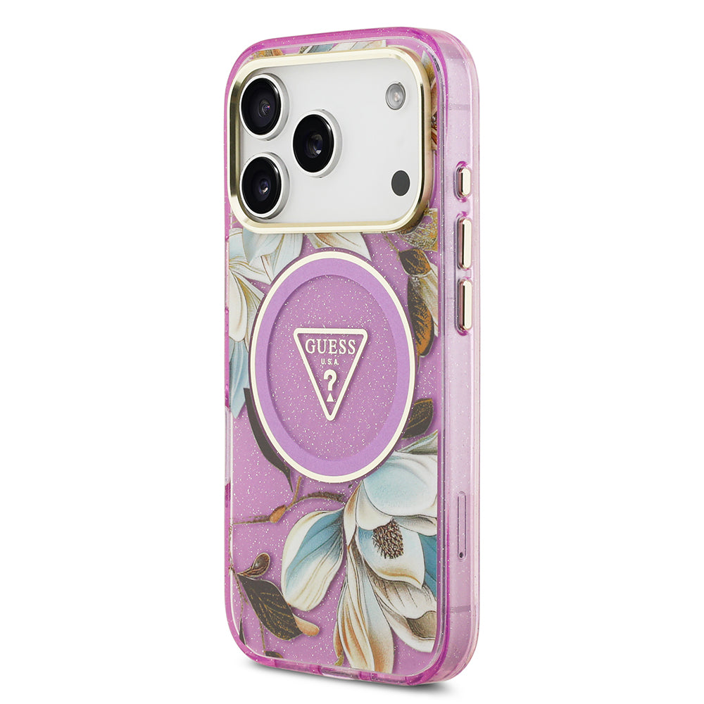 Apple iPhone 17 Pro Max Kılıf Guess Orjinal Lisanslı M-safe Şarj Özellikli Simli Çiçek Desenli Metal Kamera Çerçeveli Üçgen Logolu Kapak Mor