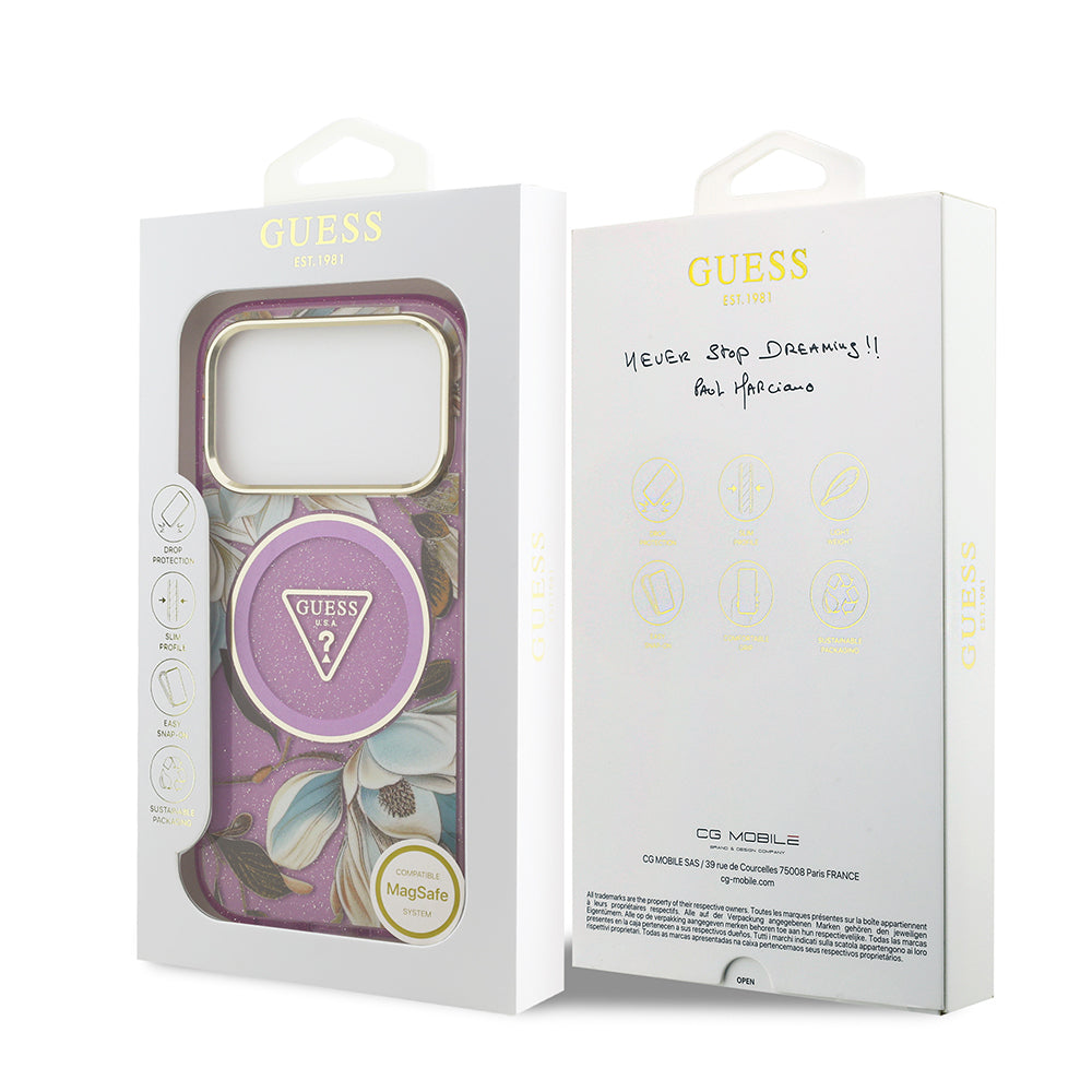 Apple iPhone 17 Pro Max Kılıf Guess Orjinal Lisanslı M-safe Şarj Özellikli Simli Çiçek Desenli Metal Kamera Çerçeveli Üçgen Logolu Kapak Mor