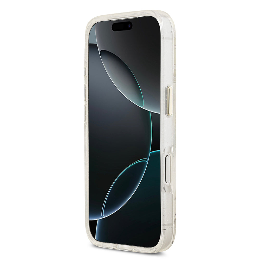 Apple iPhone 17 Pro Max Kılıf Guess Orjinal Lisanslı M-safe Şarj Özellikli Simli Çiçek Desenli Metal Kamera Çerçeveli Üçgen Logolu Kapak Siyah