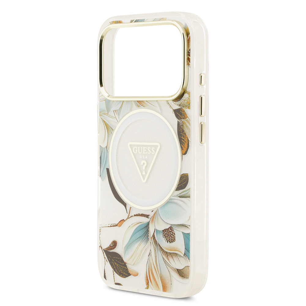 Apple iPhone 17 Pro Max Kılıf Guess Orjinal Lisanslı M-safe Şarj Özellikli Simli Çiçek Desenli Metal Kamera Çerçeveli Üçgen Logolu Kapak Beyaz