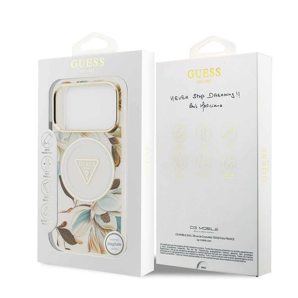 Apple iPhone 17 Pro Max Kılıf Guess Orjinal Lisanslı M-safe Şarj Özellikli Simli Çiçek Desenli Metal Kamera Çerçeveli Üçgen Logolu Kapak Siyah