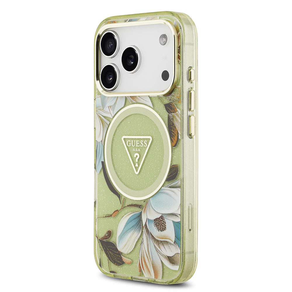 Apple iPhone 17 Pro Max Kılıf Guess Orjinal Lisanslı M-safe Şarj Özellikli Simli Çiçek Desenli Metal Kamera Çerçeveli Üçgen Logolu Kapak Mor