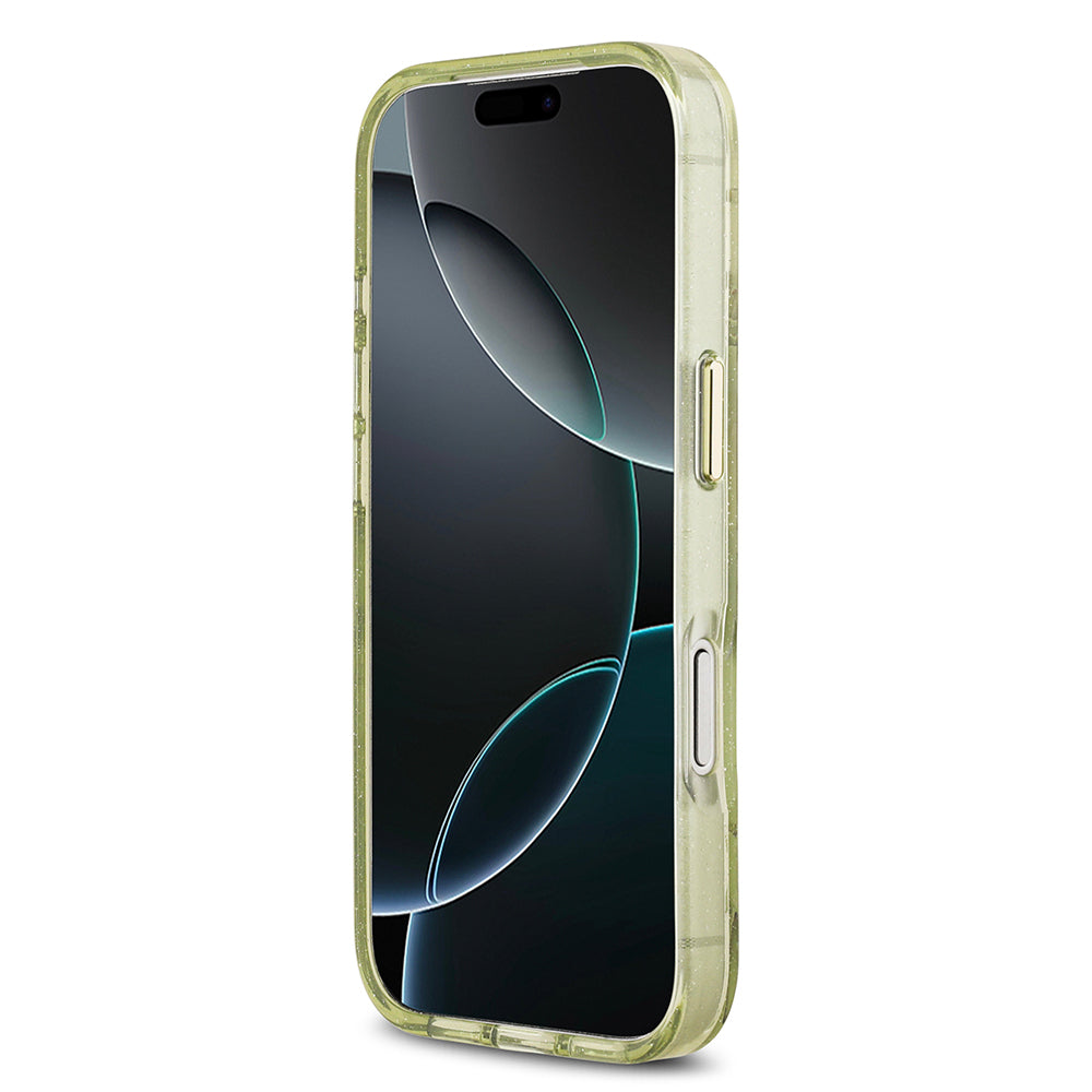 Apple iPhone 17 Pro Max Kılıf Guess Orjinal Lisanslı M-safe Şarj Özellikli Simli Çiçek Desenli Metal Kamera Çerçeveli Üçgen Logolu Kapak Beyaz