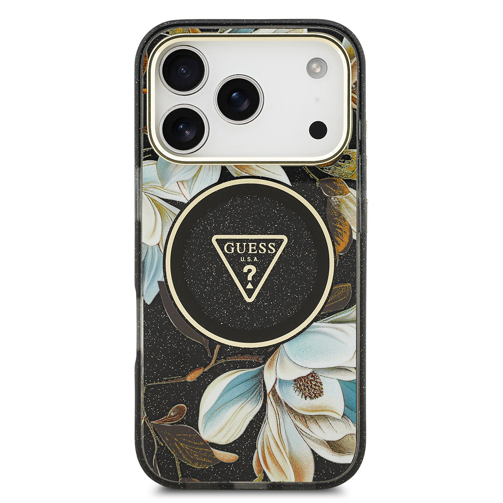 Apple iPhone 17 Pro Max Kılıf Guess Orjinal Lisanslı M-safe Şarj Özellikli Simli Çiçek Desenli Metal Kamera Çerçeveli Üçgen Logolu Kapak Mor