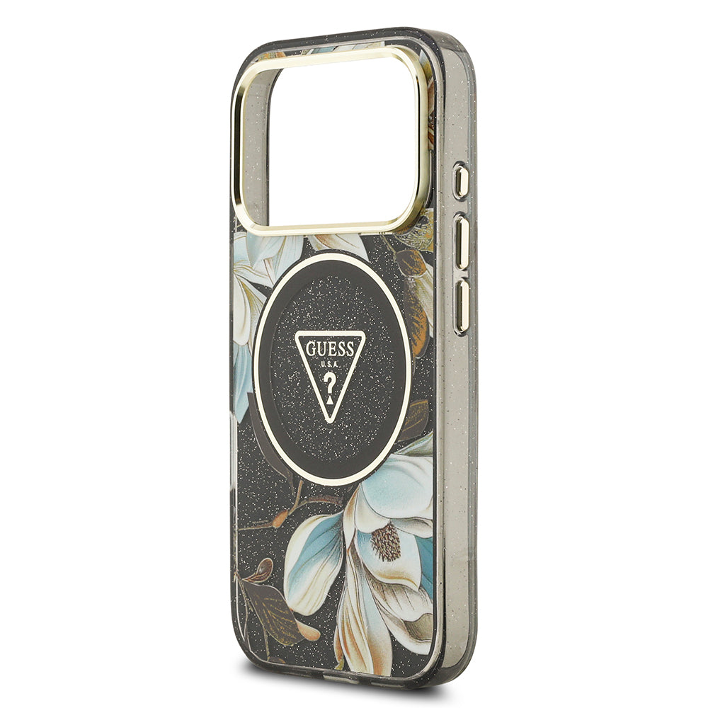 Apple iPhone 17 Pro Max Kılıf Guess Orjinal Lisanslı M-safe Şarj Özellikli Simli Çiçek Desenli Metal Kamera Çerçeveli Üçgen Logolu Kapak Siyah