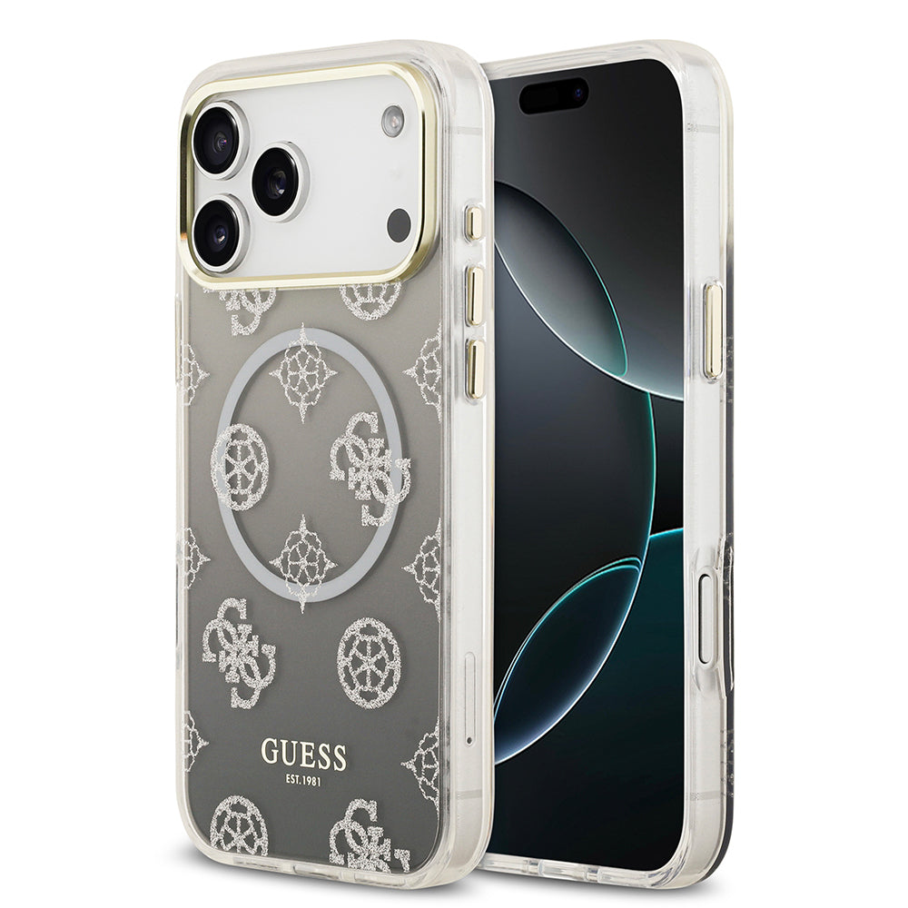 Apple iPhone 17 Pro Max Kılıf Guess Orjinal Lisanslı M-safe Şarj Özellikli Simli Peony Desenli Silikon Kapak Siyah