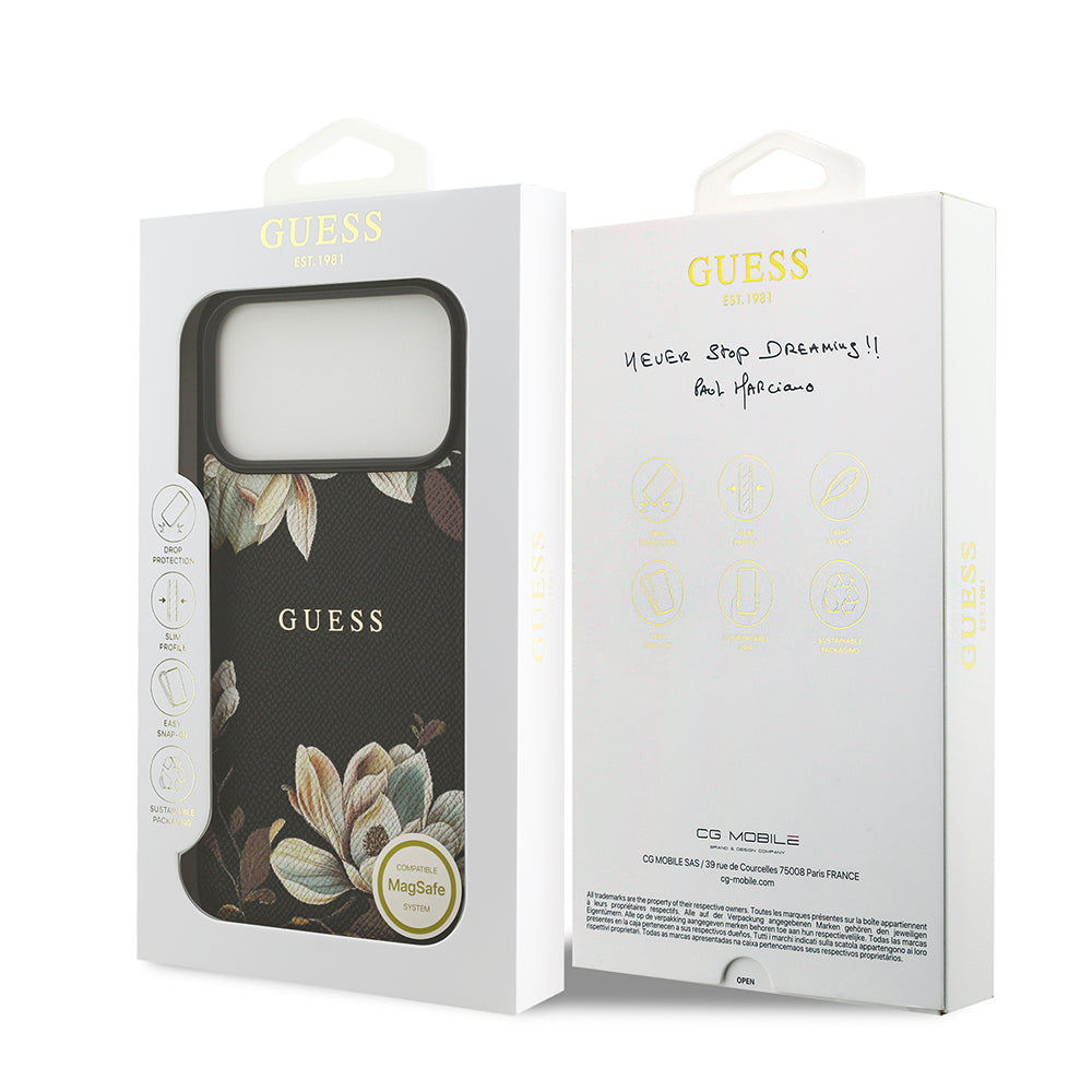 Apple iPhone 17 Pro Max Kılıf Guess Orjinal Lisanslı M-safe Şarj Özellikli Taneli Çiçek Tasarımlı Metal Yazı Logolu Kapak Siyah