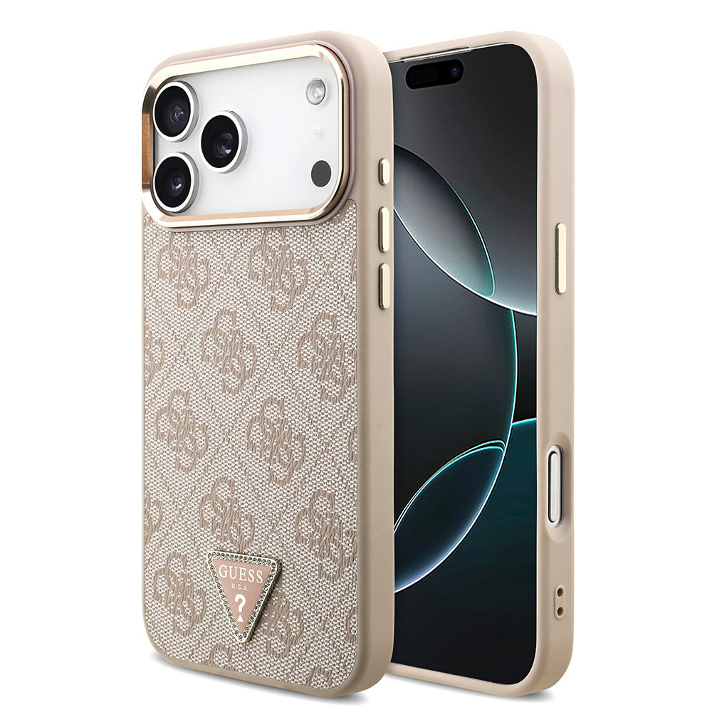 Apple iPhone 17 Pro Max Kılıf Guess Orjinal Lisanslı M-safe Şarj Özellikli Taşlı Üçgen Logo 4G Desenli Kapak Siyah