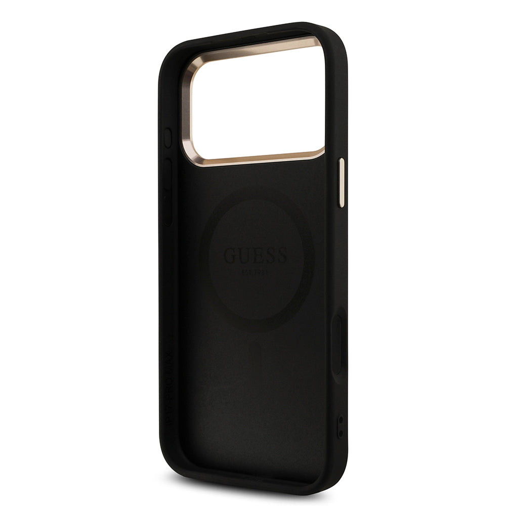 Apple iPhone 17 Pro Max Kılıf Guess Orjinal Lisanslı M-safe Şarj Özellikli Taşlı Üçgen Logo 4G Desenli Kapak Pembe