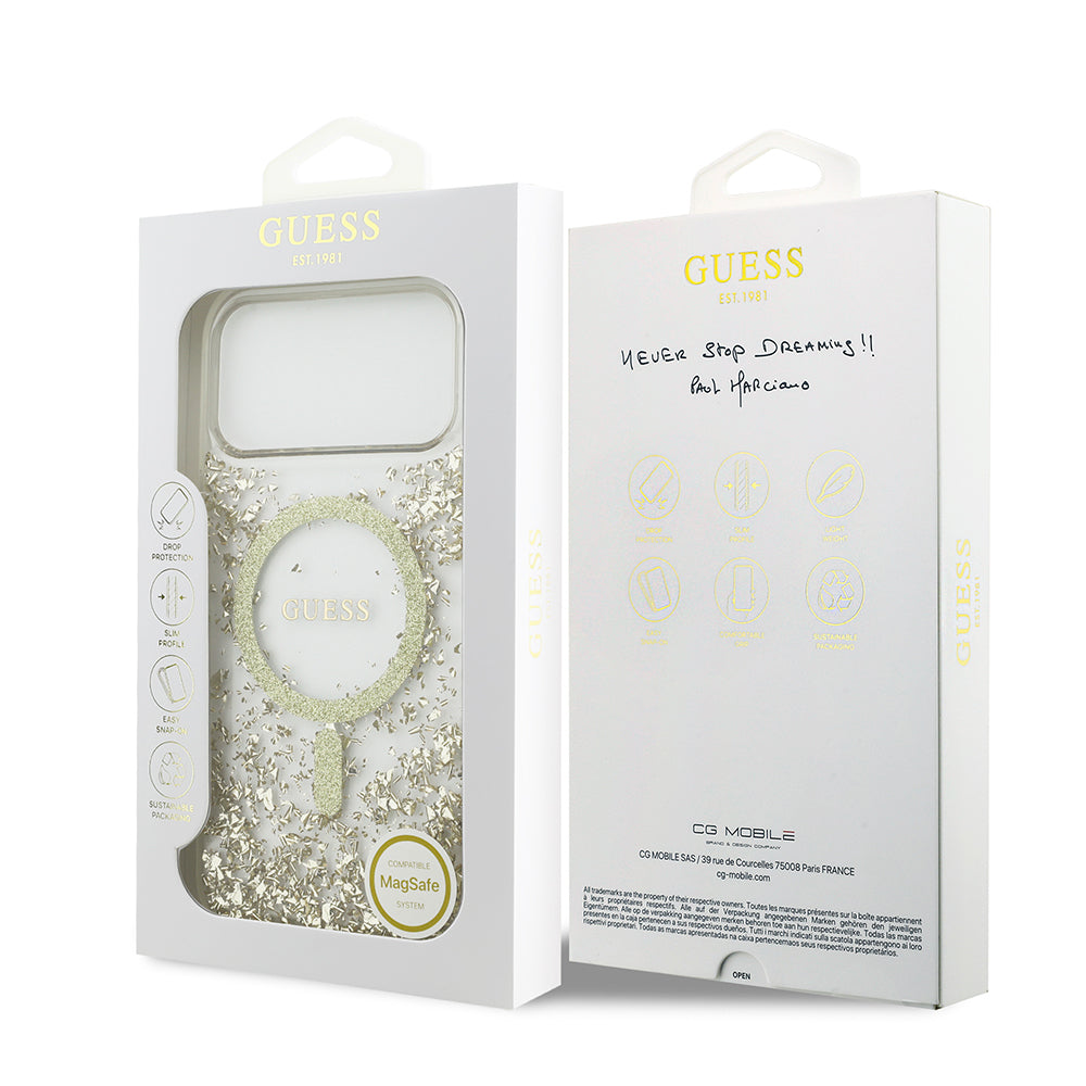 Apple iPhone 17 Pro Max Kılıf Guess Orjinal Lisanslı M-safe Şarj Özellikli Transparan Resin Bottom Kapak Gold