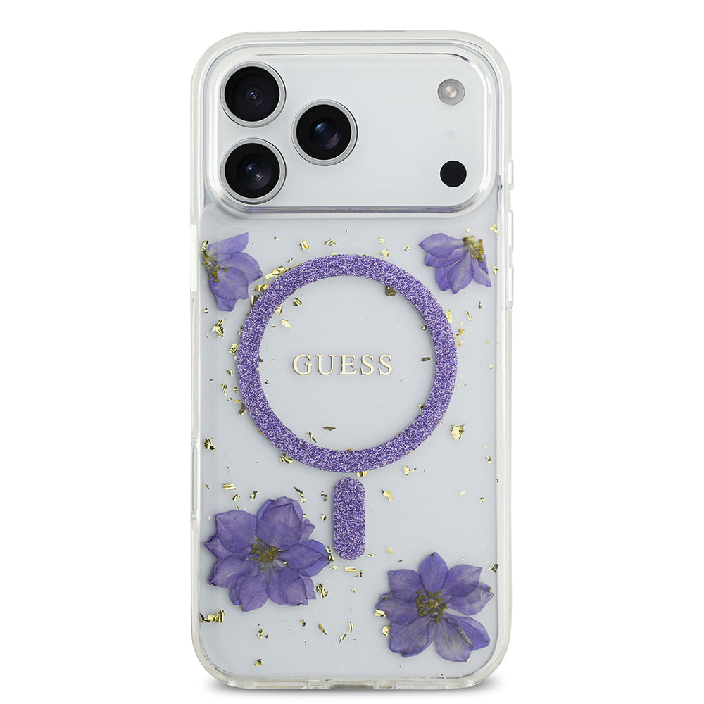 Apple iPhone 17 Pro Max Kılıf Guess Orjinal Lisanslı M-safe Şarj Özellikli Transparan Resin Flowers Kapak Mor