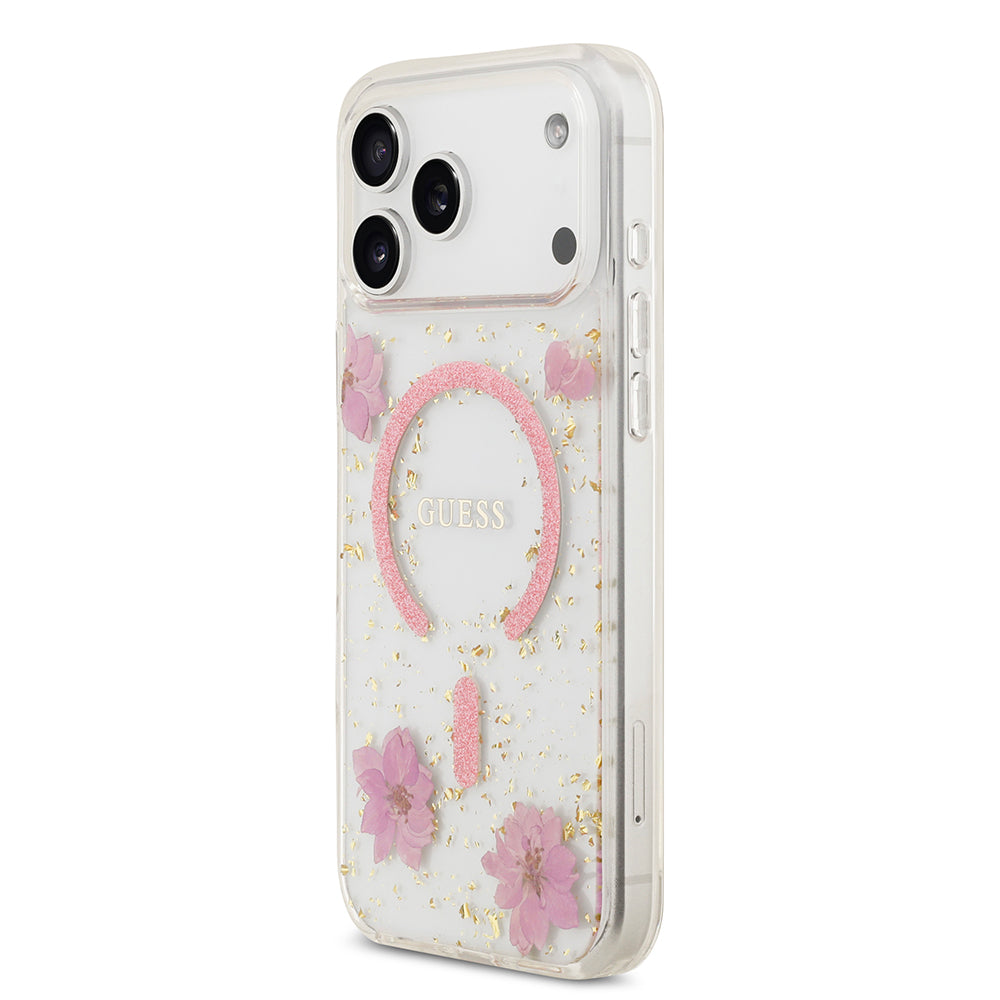 Apple iPhone 17 Pro Max Kılıf Guess Orjinal Lisanslı M-safe Şarj Özellikli Transparan Resin Flowers Kapak Mor