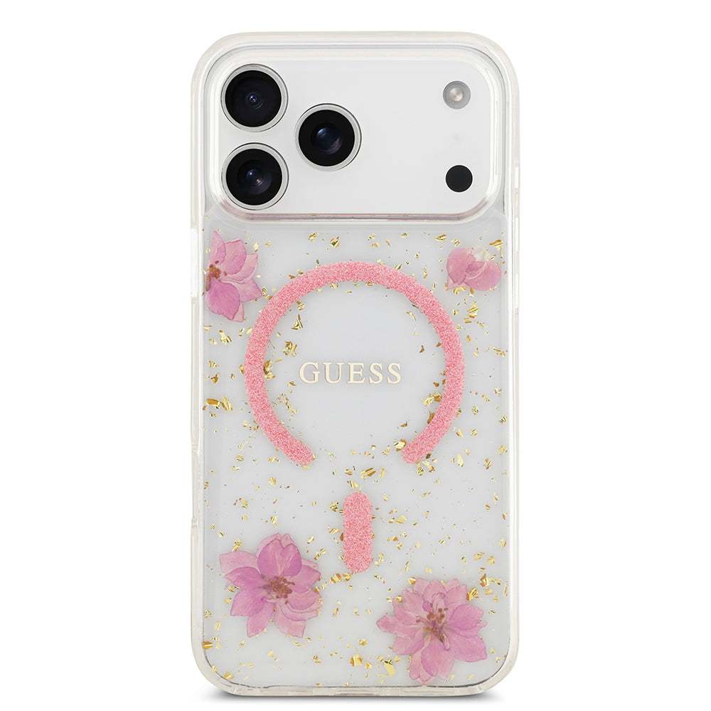 Apple iPhone 17 Pro Max Kılıf Guess Orjinal Lisanslı M-safe Şarj Özellikli Transparan Resin Flowers Kapak Pembe