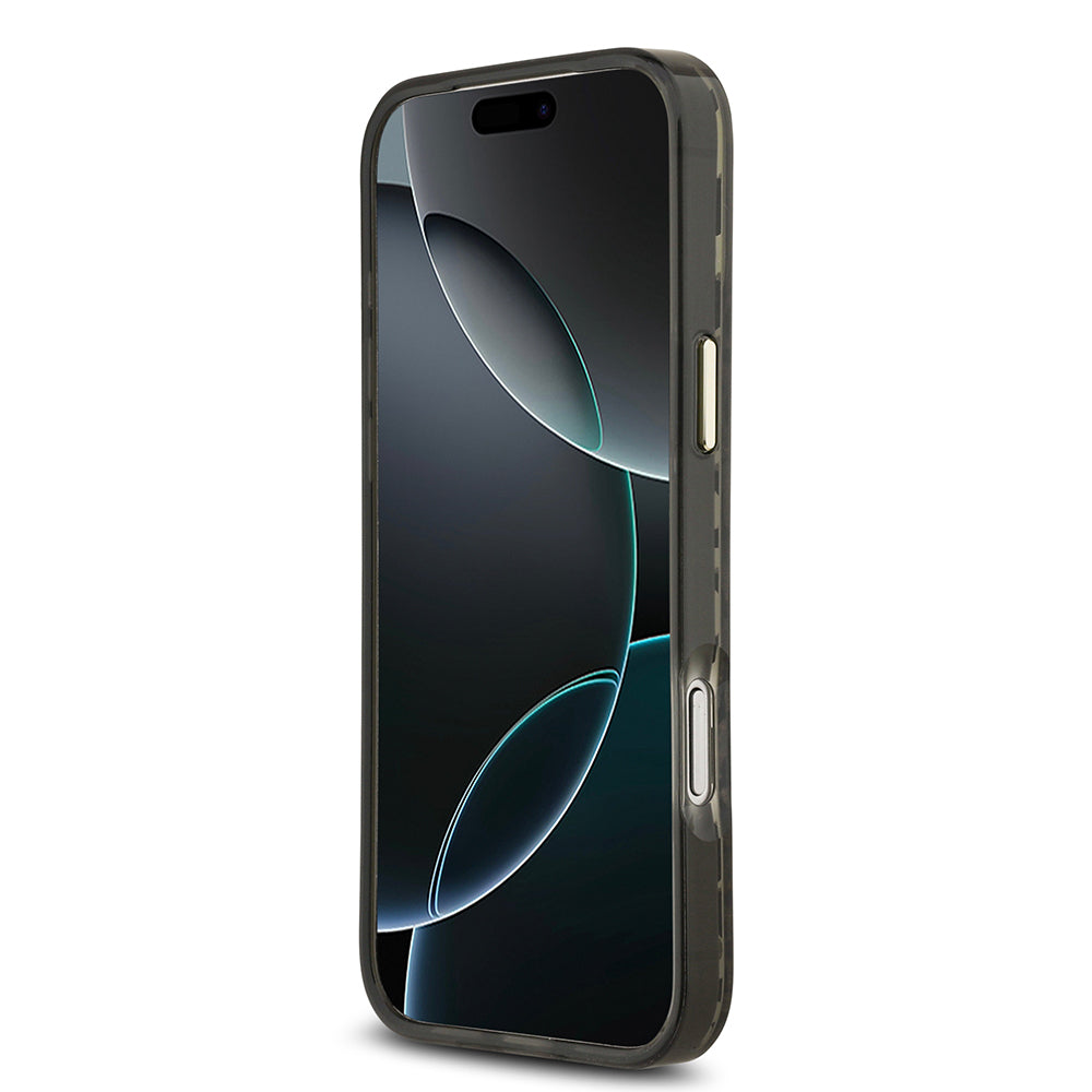 Apple iPhone 17 Pro Max Kılıf Guess Orjinal Lisanslı M-safe Şarj Özellikli Üçgen Logolu Simli Leopar Desenli Kapak Siyah