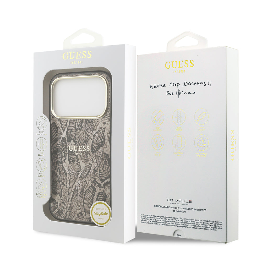 Apple iPhone 17 Pro Max Kılıf Guess Orjinal Lisanslı M-safe Şarj Özellikli Yazı Logolu Python Desenli Kapak Kahverengi