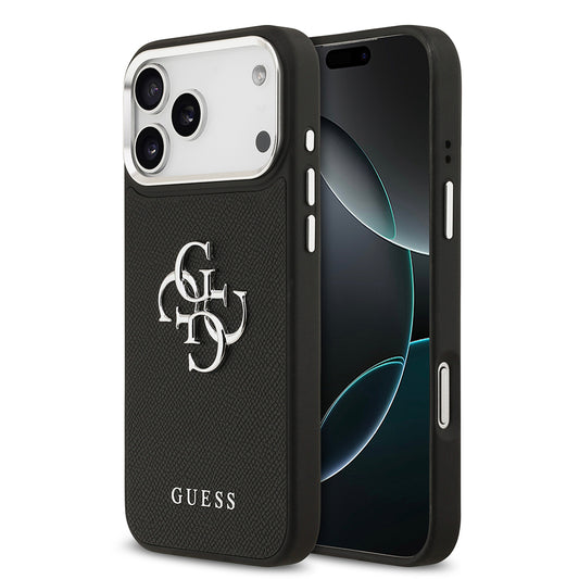 Apple iPhone 17 Pro Max Kılıf Guess Orjinal Lisanslı Metal Kamera Çerçeveli Metal Büyük 4G ve Yazı Logolu PU Deri Kapak Siyah