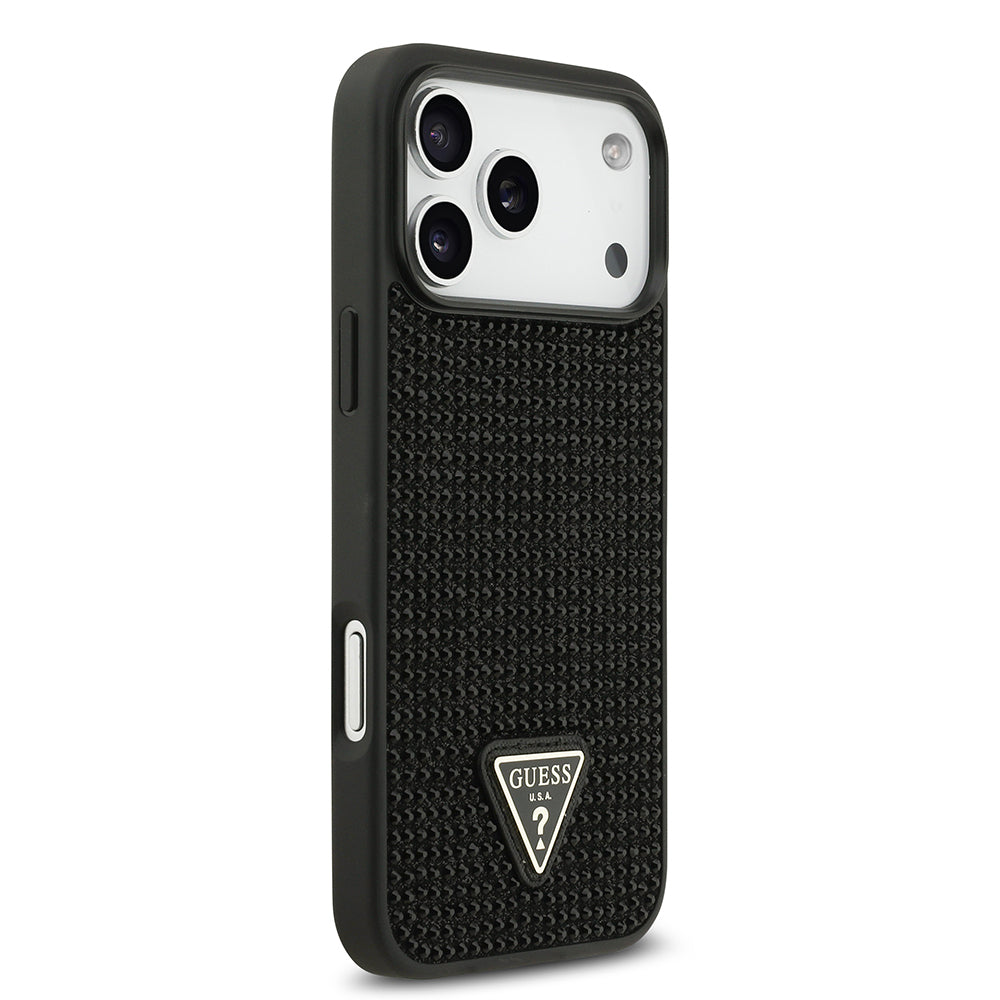 Apple iPhone 17 Pro Max Kılıf Guess Orjinal Lisanslı Taşlı Arka Yüzey Üçgen Logolu Kapak Gümüş