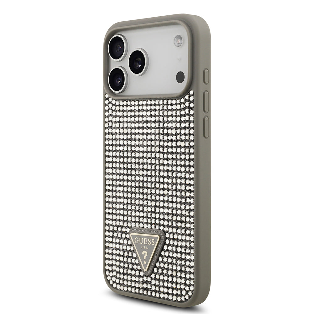 Apple iPhone 17 Pro Max Kılıf Guess Orjinal Lisanslı Taşlı Arka Yüzey Üçgen Logolu Kapak Pembe