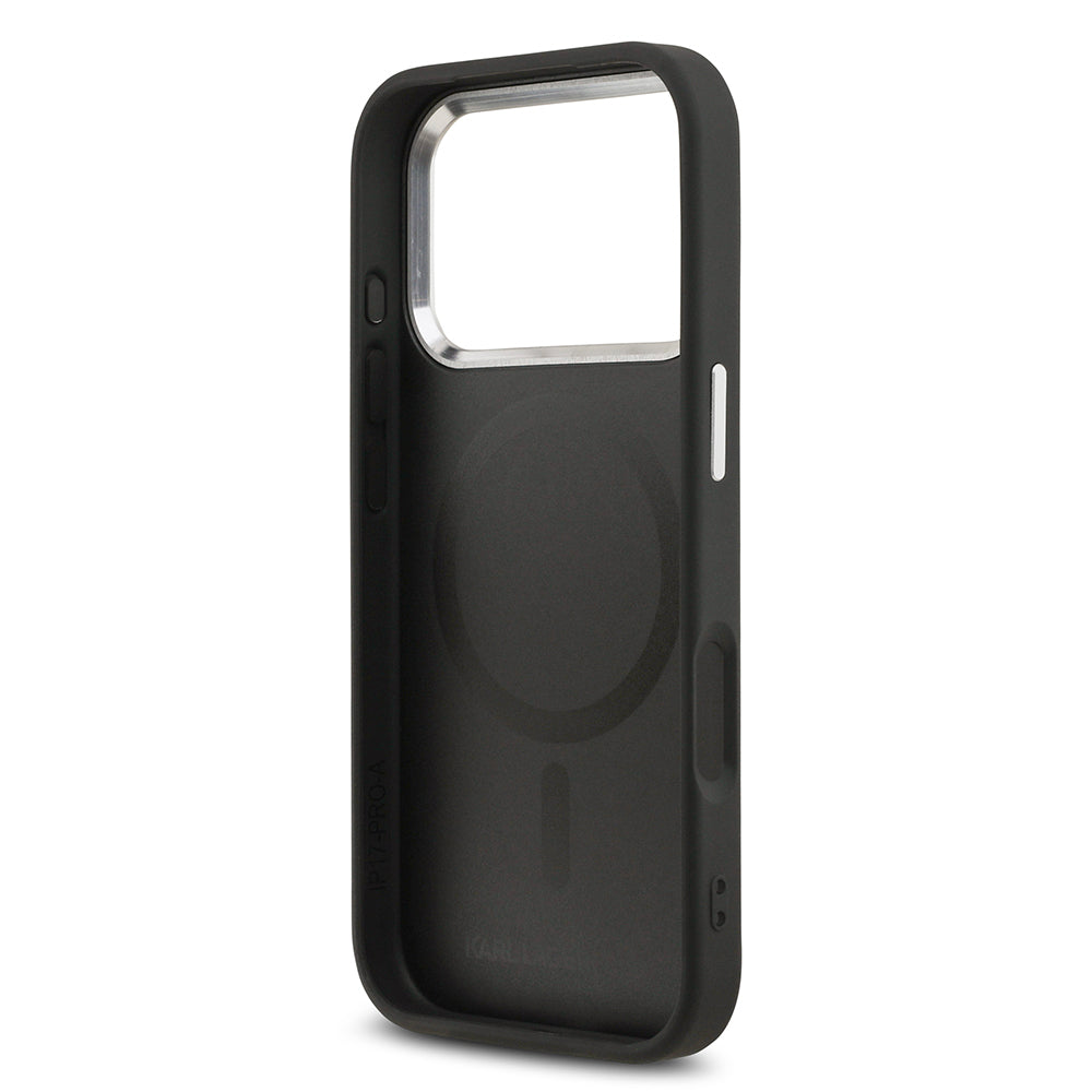 Apple iPhone 17 Pro Max Kılıf Karl Lagerfeld Orjinal Lisanslı M-safe Şarj Özellikli Metal Kamera ve Buton Tasarımlı K&C PU Deri Kapak Siyah
