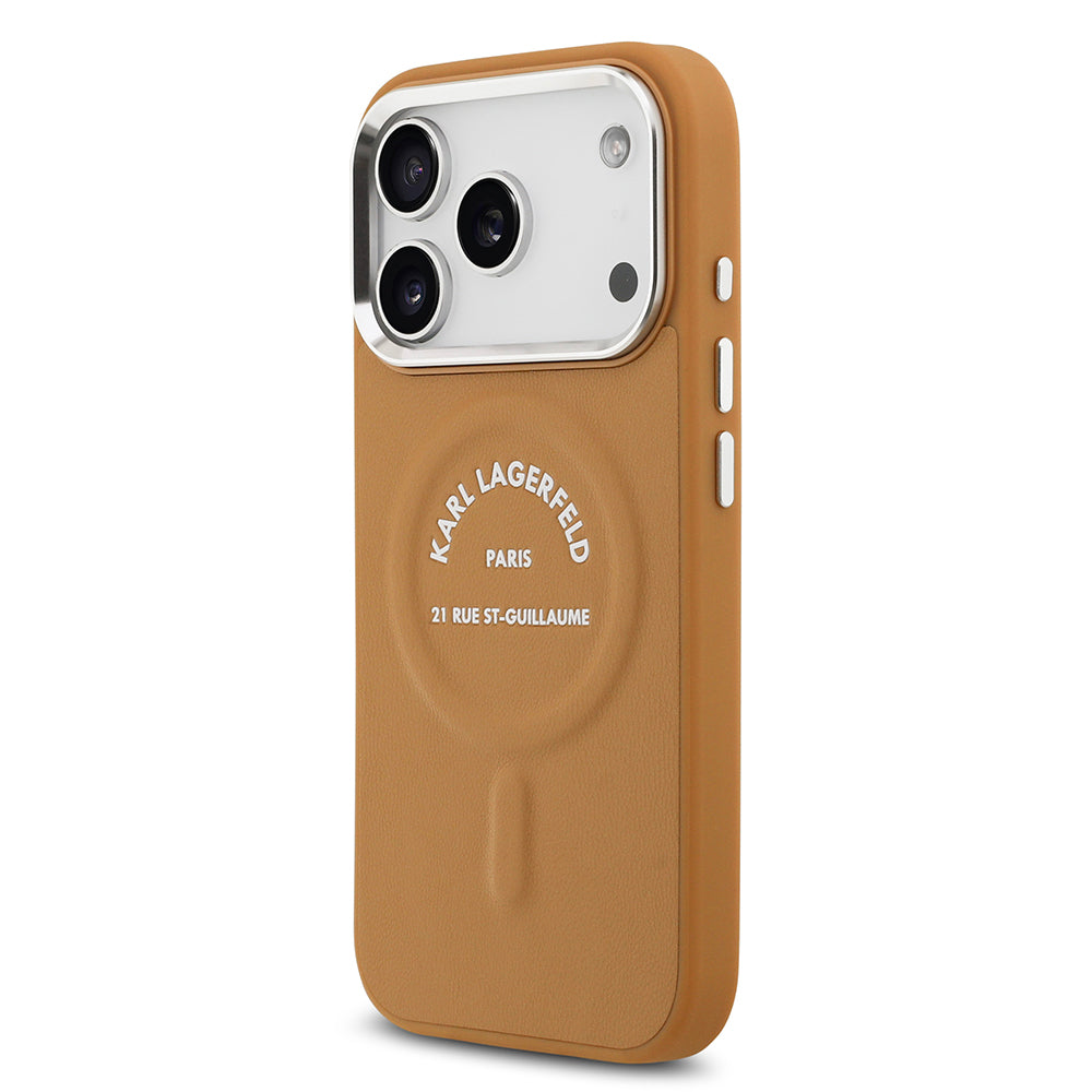 Apple iPhone 17 Pro Max Kılıf Karl Lagerfeld Orjinal Lisanslı M-safe Şarj Özellikli Metal Kamera ve Buton Tasarımlı Paris RSG PU Deri Kapak Kahverengi