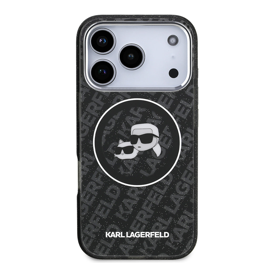 Apple iPhone 17 Pro Max Kılıf Karl Lagerfeld Orjinal Lisanslı Parlayan Simli Karl & Choupette Heads Kapak Siyah