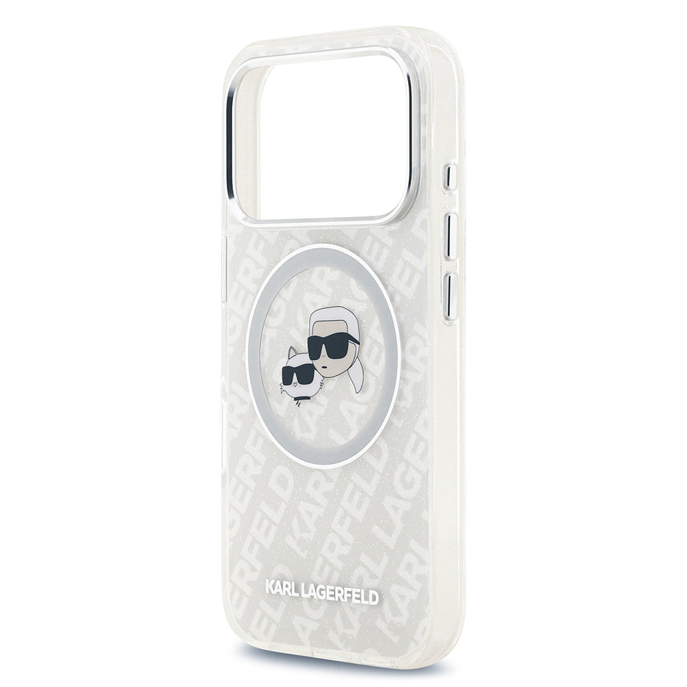 Apple iPhone 17 Pro Max Kılıf Karl Lagerfeld Orjinal Lisanslı Parlayan Simli Karl & Choupette Heads Kapak Gri