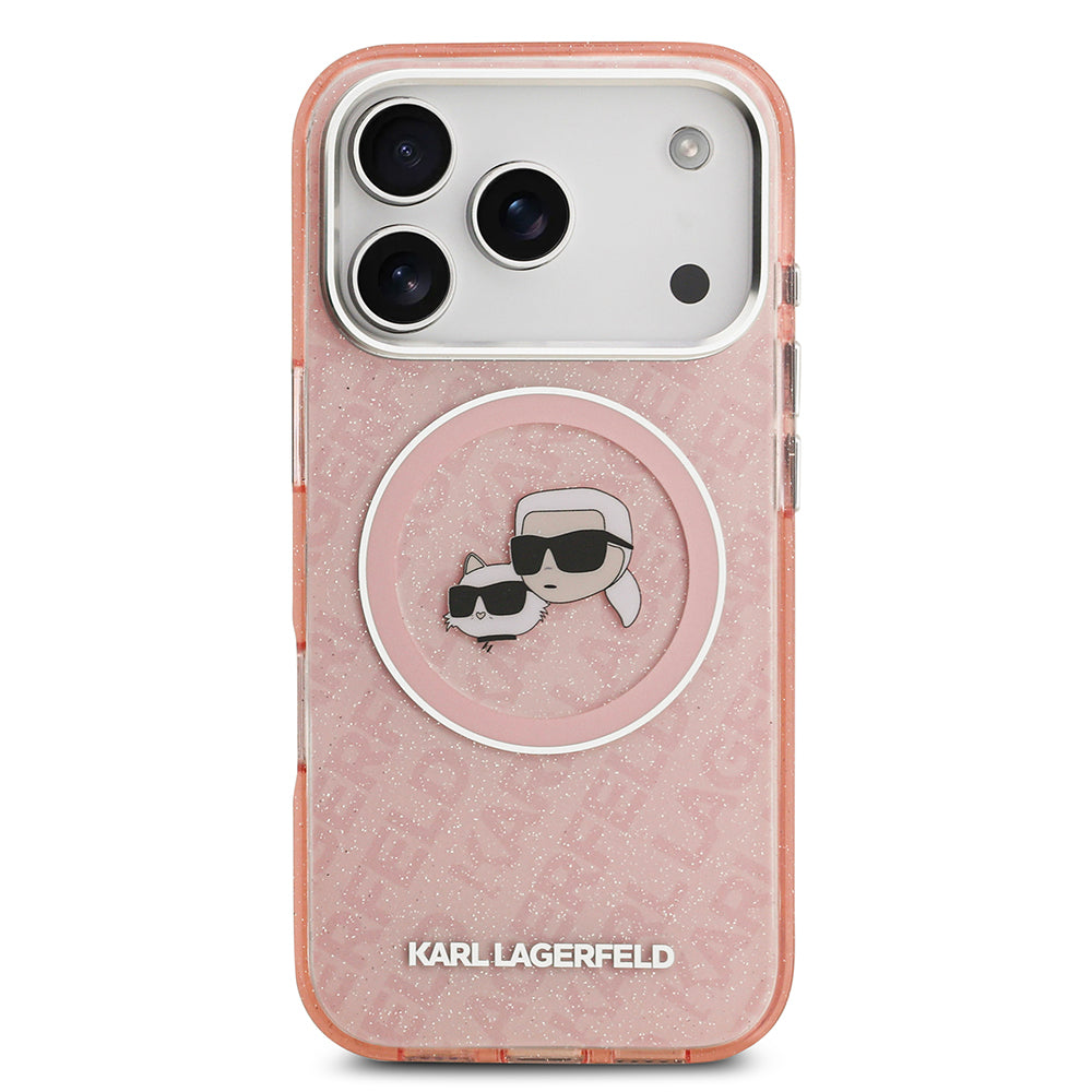 Apple iPhone 17 Pro Max Kılıf Karl Lagerfeld Orjinal Lisanslı Parlayan Simli Karl & Choupette Heads Kapak Pembe