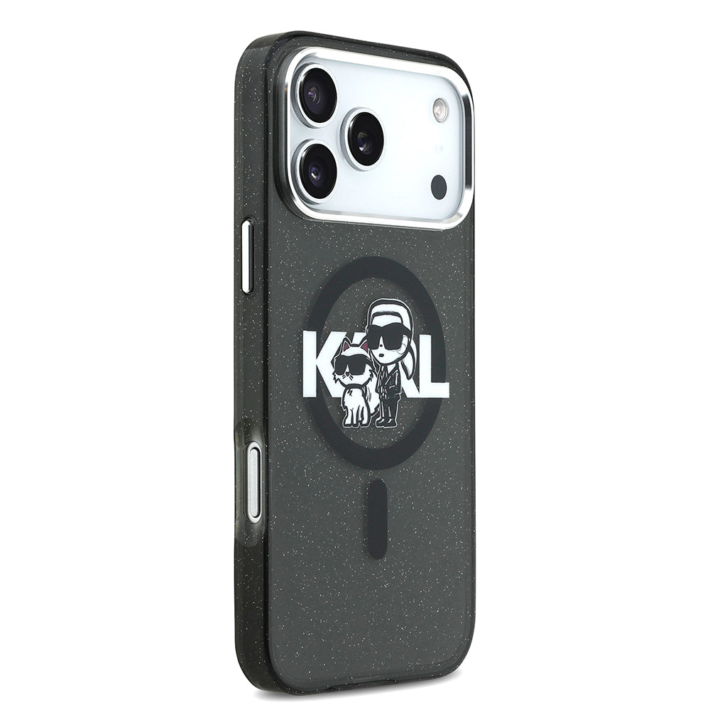Apple iPhone 17 Pro Max Kılıf Karl Lagerfeld Orjinal Lisanslı Parlayan Simli Karl & Choupette Sketch Logo Kapak Siyah