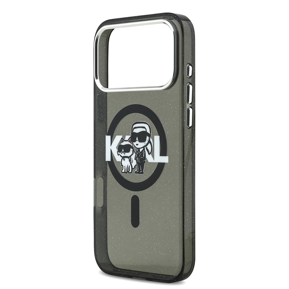 Apple iPhone 17 Pro Max Kılıf Karl Lagerfeld Orjinal Lisanslı Parlayan Simli Karl & Choupette Sketch Logo Kapak Siyah