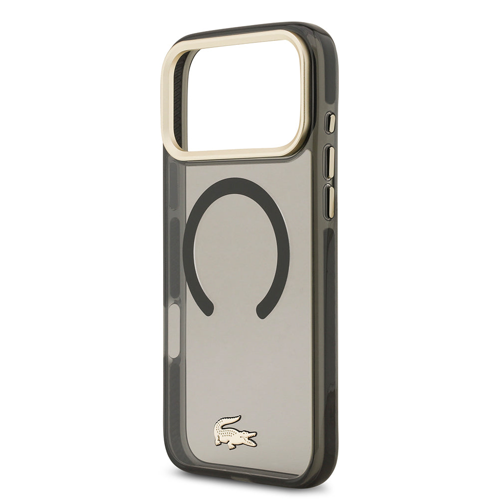 Apple iPhone 17 Pro Max Kılıf Lacoste Orjinal Lisanslı M-safe Şarj Özellikli Gold Timsah Logolu Buzlu Kapak Siyah