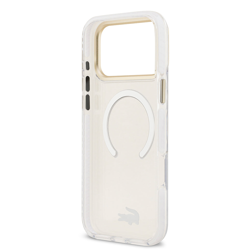 Apple iPhone 17 Pro Max Kılıf Lacoste Orjinal Lisanslı M-safe Şarj Özellikli Gold Timsah Logolu Buzlu Kapak Beyaz