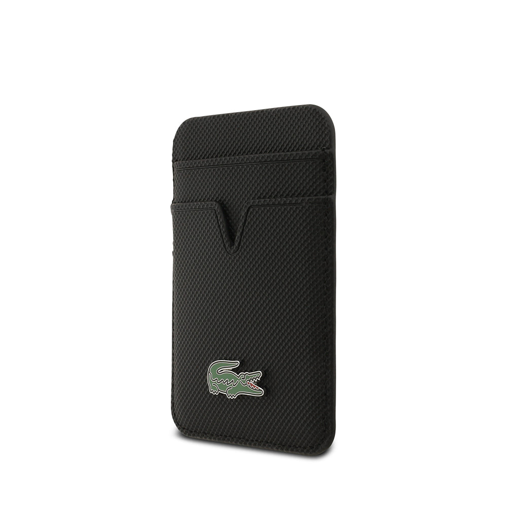 Apple iPhone 17 Pro Max Kılıf Lacoste Orjinal Lisanslı M-safe Şarj Özellikli PU Pike Desenli Metal Logolu Kartlıklı Kapak Siyah