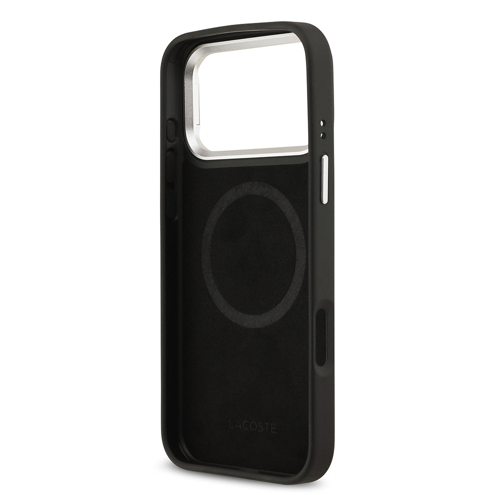 Apple iPhone 17 Pro Max Kılıf Lacoste Orjinal Lisanslı M-safe Şarj Özellikli PU Pike Desenli Standlı Metal Logolu Kapak Bej