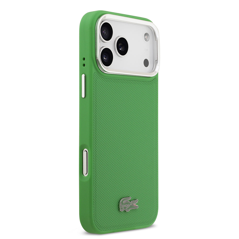 Apple iPhone 17 Pro Max Kılıf Lacoste Orjinal Lisanslı M-safe Şarj Özellikli PU Pike Desenli Standlı Metal Logolu Kapak Yeşil