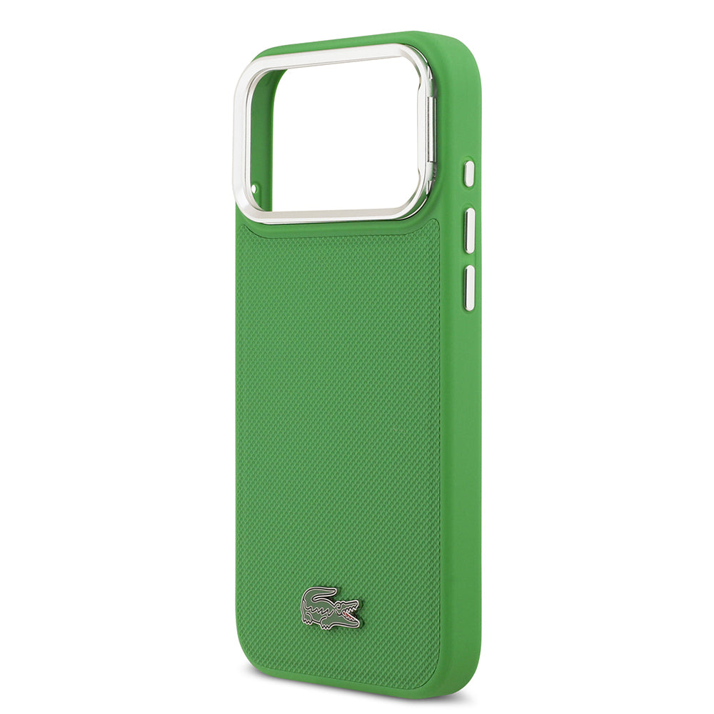 Apple iPhone 17 Pro Max Kılıf Lacoste Orjinal Lisanslı M-safe Şarj Özellikli PU Pike Desenli Standlı Metal Logolu Kapak Bej