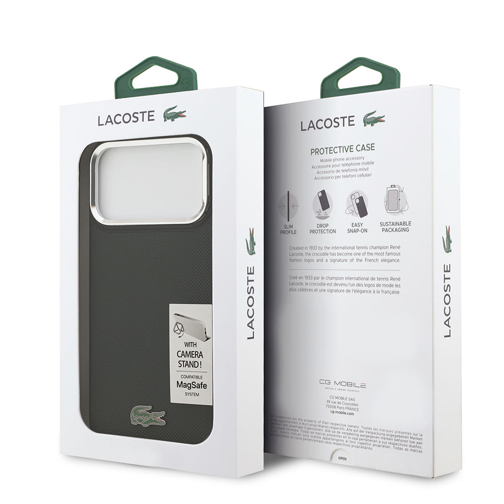 Apple iPhone 17 Pro Max Kılıf Lacoste Orjinal Lisanslı M-safe Şarj Özellikli PU Pike Desenli Standlı Metal Logolu Kapak Yeşil