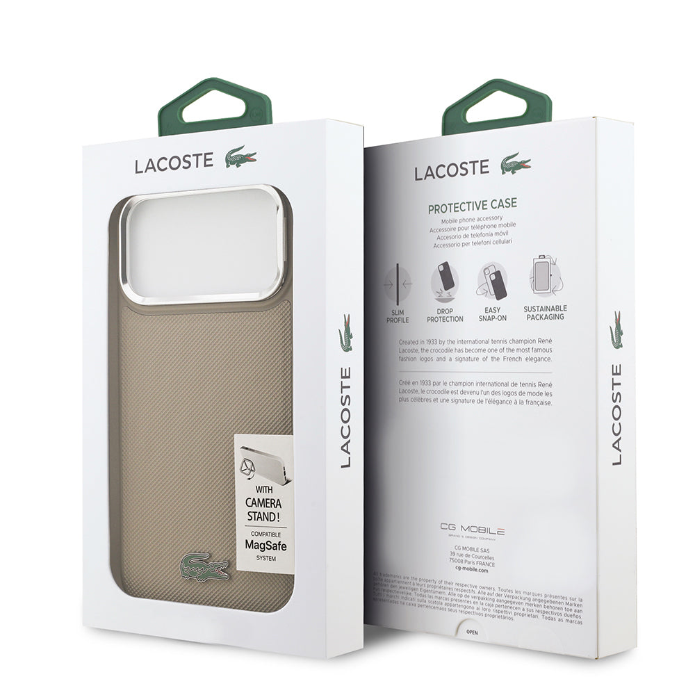 Apple iPhone 17 Pro Max Kılıf Lacoste Orjinal Lisanslı M-safe Şarj Özellikli PU Pike Desenli Standlı Metal Logolu Kapak Koyu Yeşil